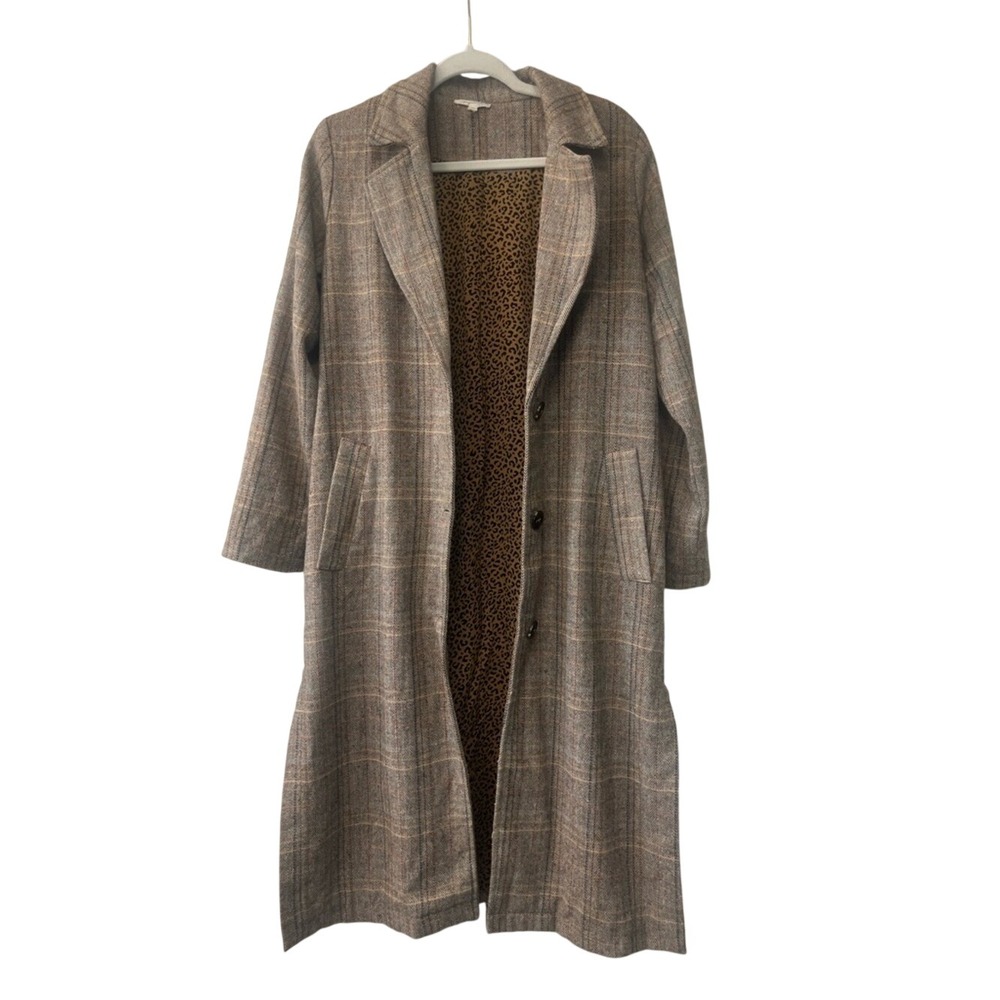 Mystree Long Plaid Trench Coat in Brown and Cream Tones